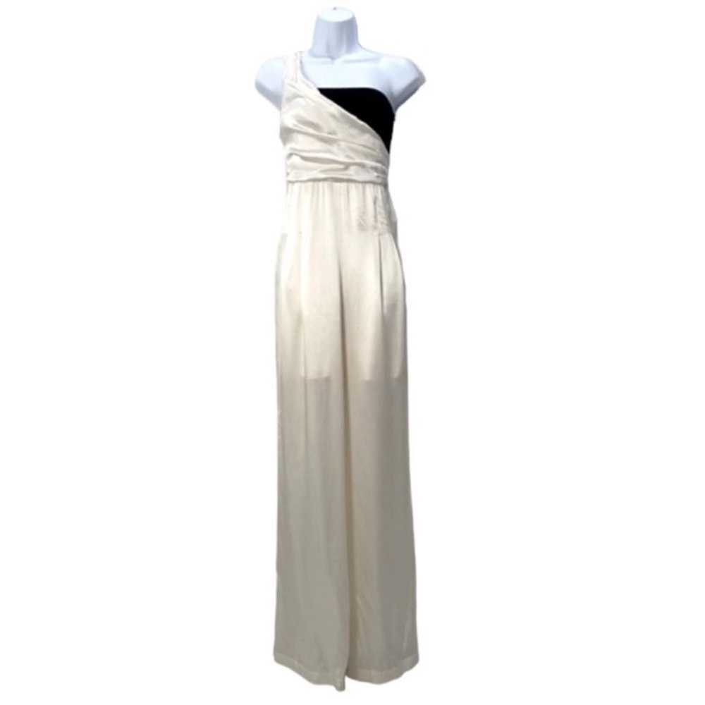 100% Silk One-Shoulder Ivory Jumpsuit with Black Bandeau